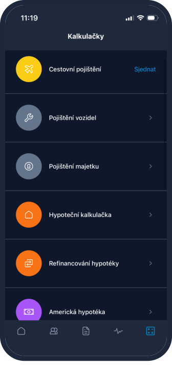 Ukázka kalkulaček v klientské aplikaci: cestovní pojištění, pojištění vozidel a majetku, hypotéka a refinancování.